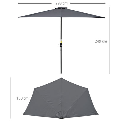 Outsunny 3(m) Half Parasol Semi Round Umbrella Patio Metal Frame Crank Handle for Balcony-- NO BASE INCLUDED, Grey 