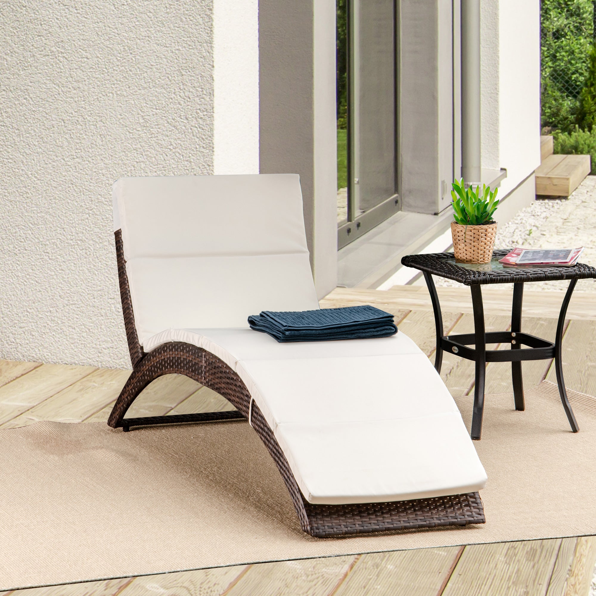 Outsunny Outdoor Foldable PE Rattan Sun Lounger with Soft Padded Cushion, Ergonomic Curved Design Sun Bed for Garden, Balcony, Garden, Brown 