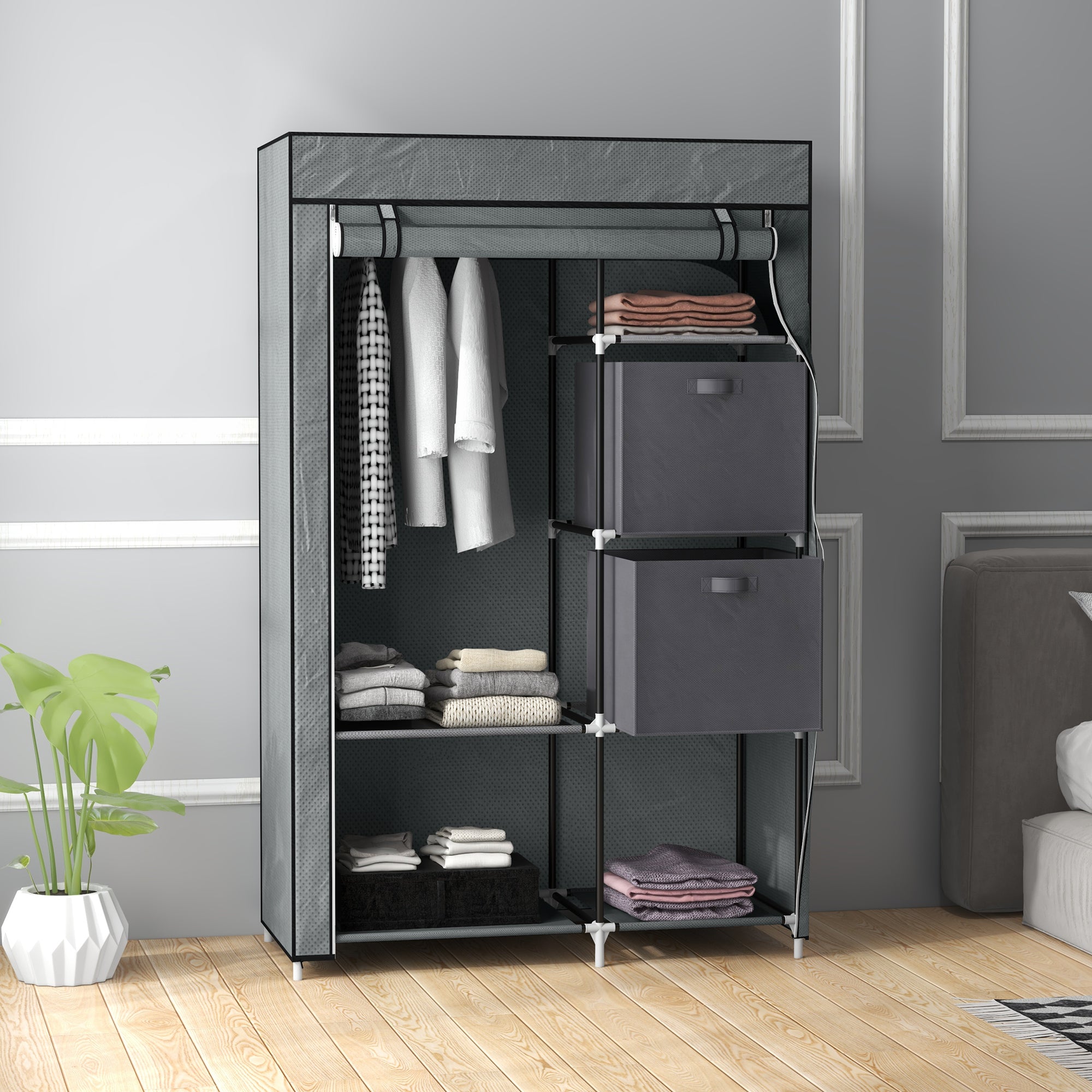 HOMCOM Fabric Wardrobe, Portable Wardrobe, Clothes Storage Unit with 5 Compartments, Hanging Rail and 2 Fabric Drawers, 102 x 42.5 x 162.5cm, Dark Grey 