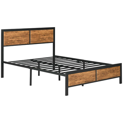 HOMCOM Industrial Double Bed Frame, 5FT Steel Bed Base with Headboard, Footboard, Slatted Support and Under Bed Storage, 147 x 197cm, Rustic Brown 