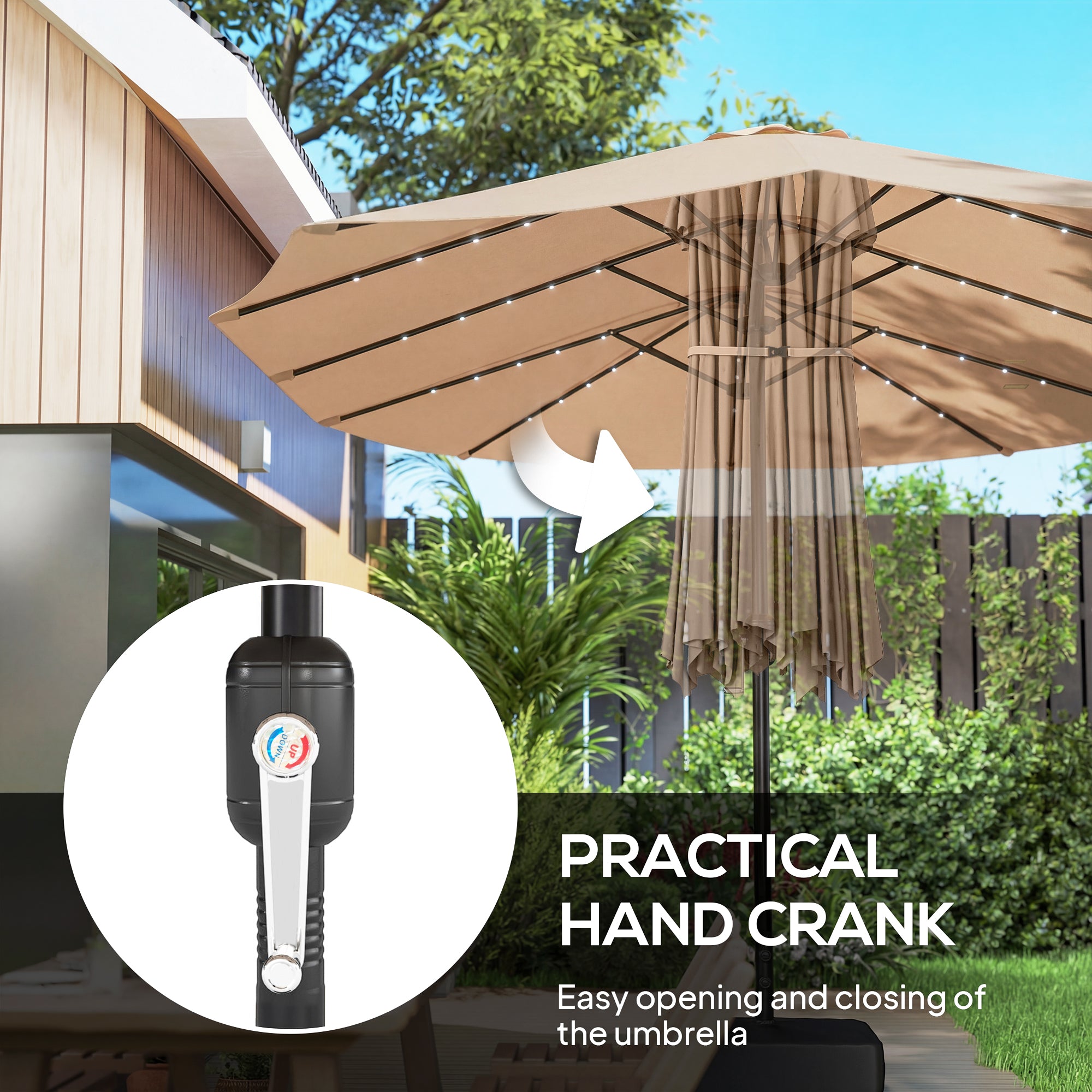 Outsunny Patio Umbrella Double-Sided Outdoor Umbrella with Solar Lights Base, Khaki 