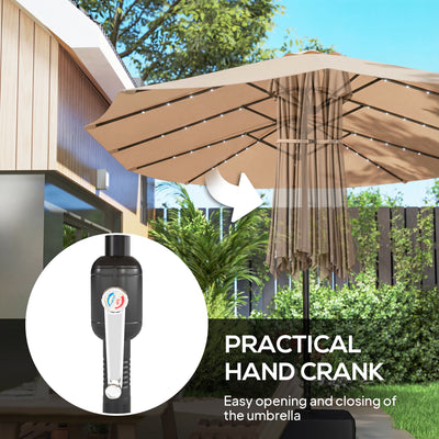 Outsunny Patio Umbrella Double-Sided Outdoor Umbrella with Solar Lights Base, Khaki 