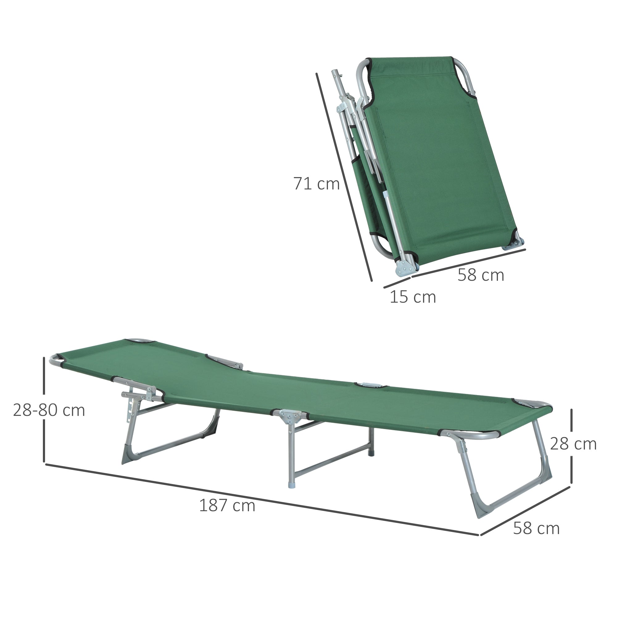 Outsunny Reclining Sun Lounger Chair Folding Camping Bed with 4-Position Adjustable Backrest, for Travel Indoor Outdoor Office Fishing, Green 