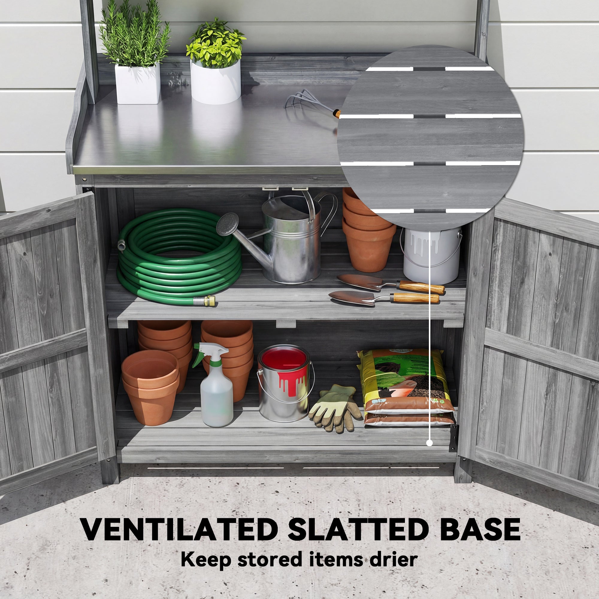 Outsunny Wooden Potting Bench Table with Aluminium Worktop, Outdoor Garden Workbench with Top Shelf and Cabinet Storage 