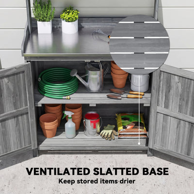 Outsunny Wooden Potting Bench Table with Aluminium Worktop, Outdoor Garden Workbench with Top Shelf and Cabinet Storage 