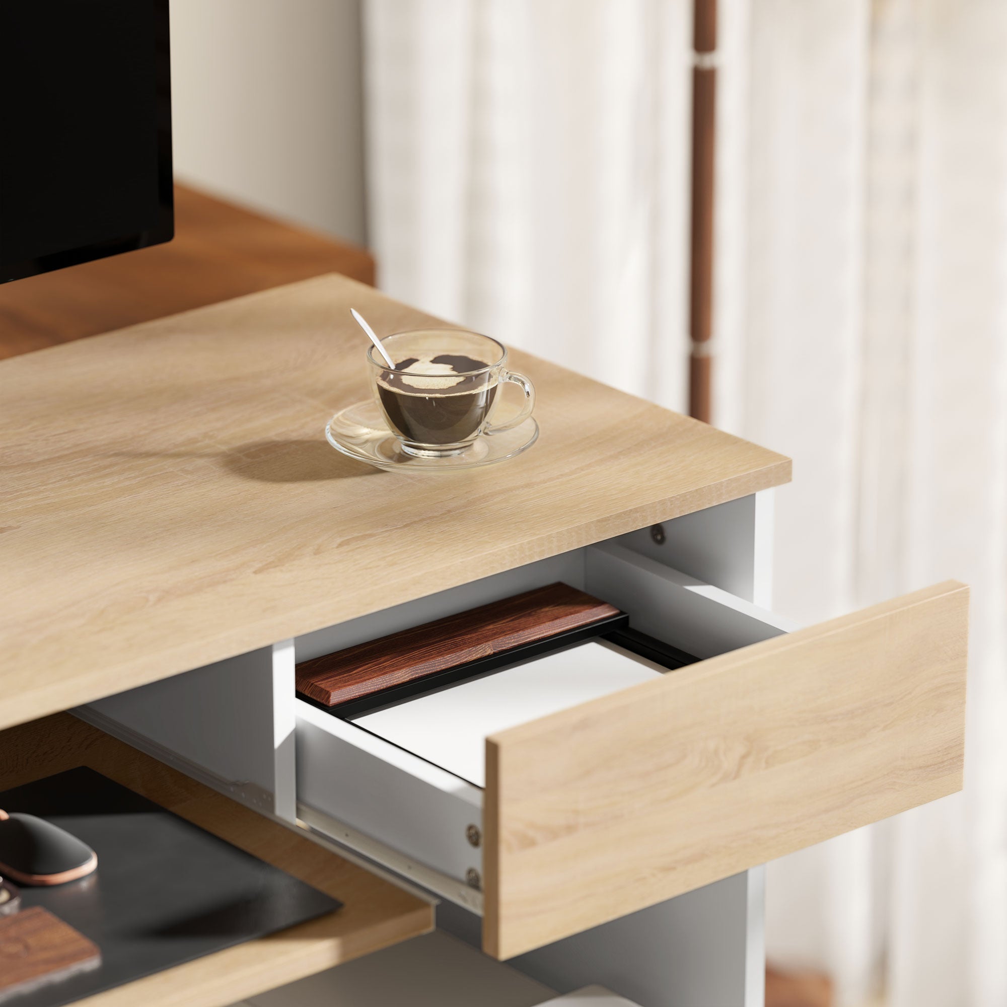 HOMCOM Compact Computer Desk with Keyboard Tray, Home Office Desk with Drawer for Bedroom Study, Oak 