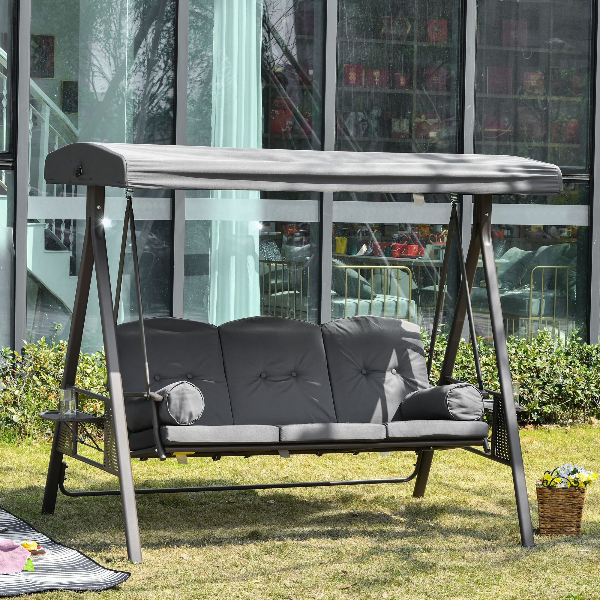 Outsunny 3 Seater Garden Swing Chair Outdoor Hammock Bench w/ Adjustable Canopy, Cushions and Cup Trays, Brown Steel Frame, Dark Grey Fabric 