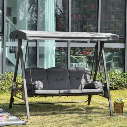 Outsunny 3 Seater Garden Swing Chair Outdoor Hammock Bench w/ Adjustable Canopy, Cushions and Cup Trays, Brown Steel Frame, Dark Grey Fabric 