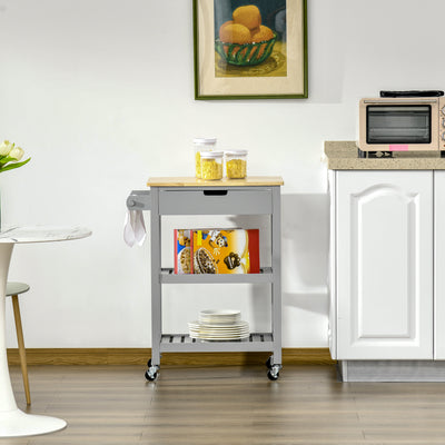 HOMCOM Kitchen Trolley Utility Cart on Wheels with Rubberwood Worktop, Towel Rack, Storage Shelves & Drawer for Dining Room, Grey 