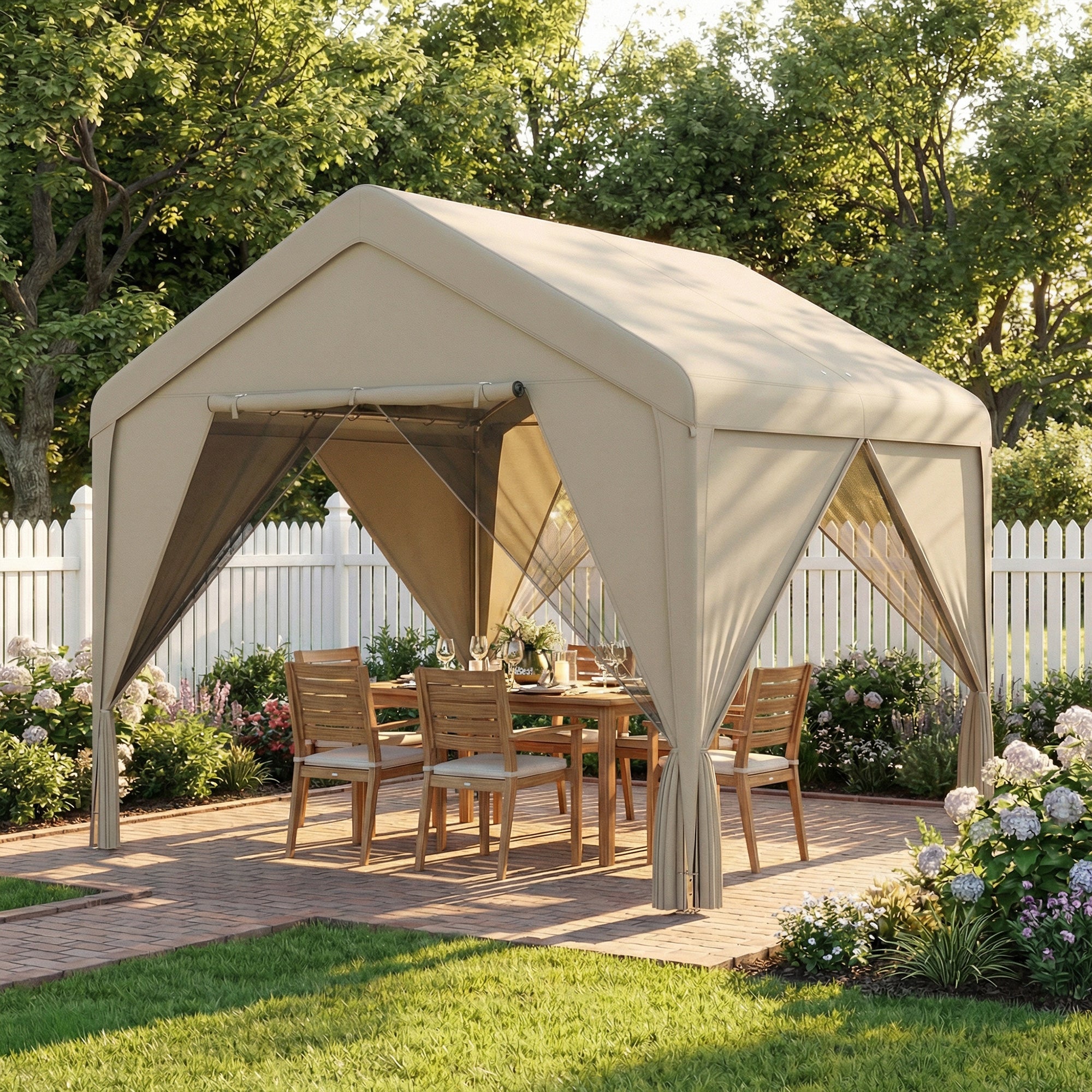 Outsunny 3 x 3 m Patio Gazebo with Netting & Curtains, Outdoor Canopy Shelter with Galvanised Steel Frame, Khaki 
