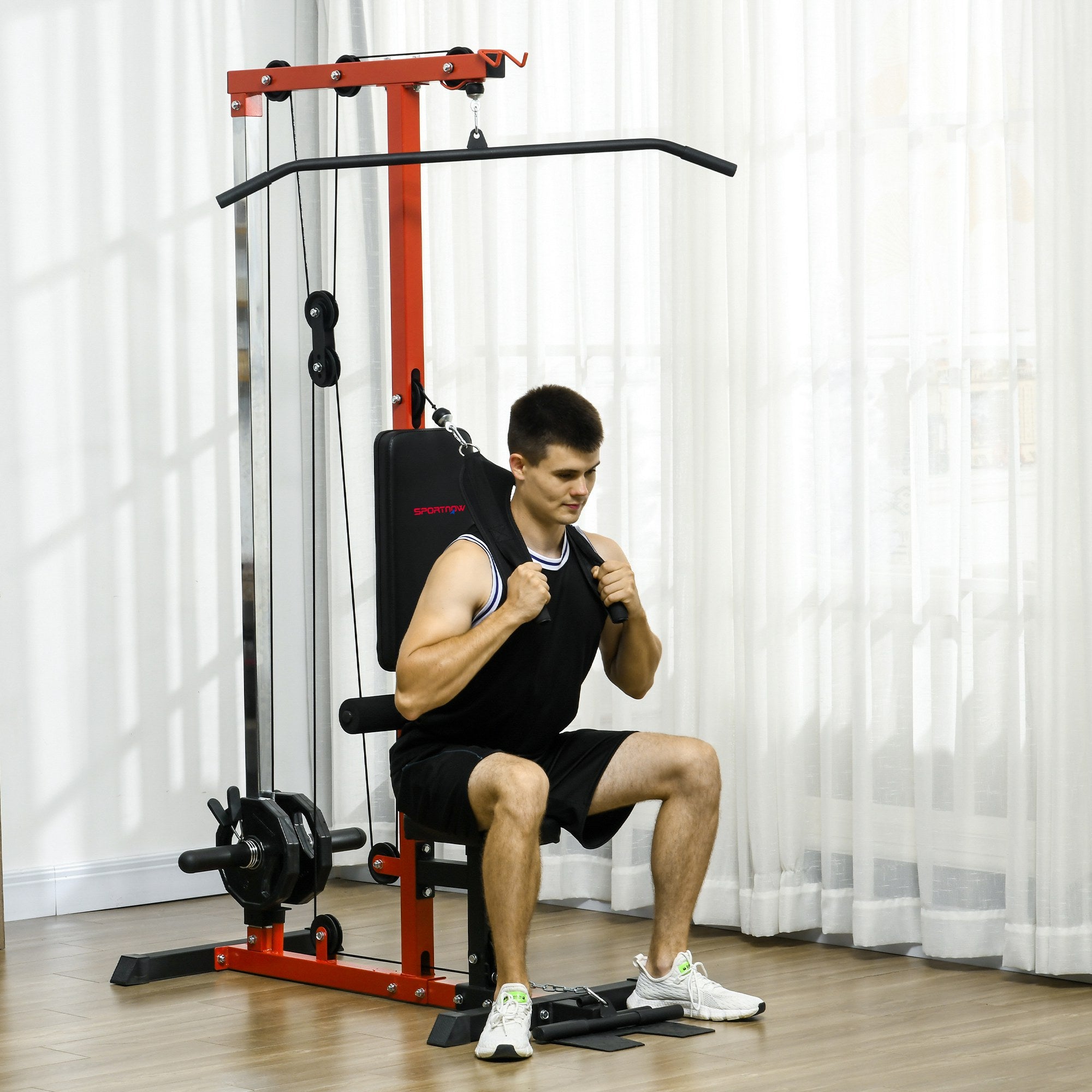 SPORTNOW Pull Up Station, Power Cage with Adjustable Seat, for Home Gym - Red 
