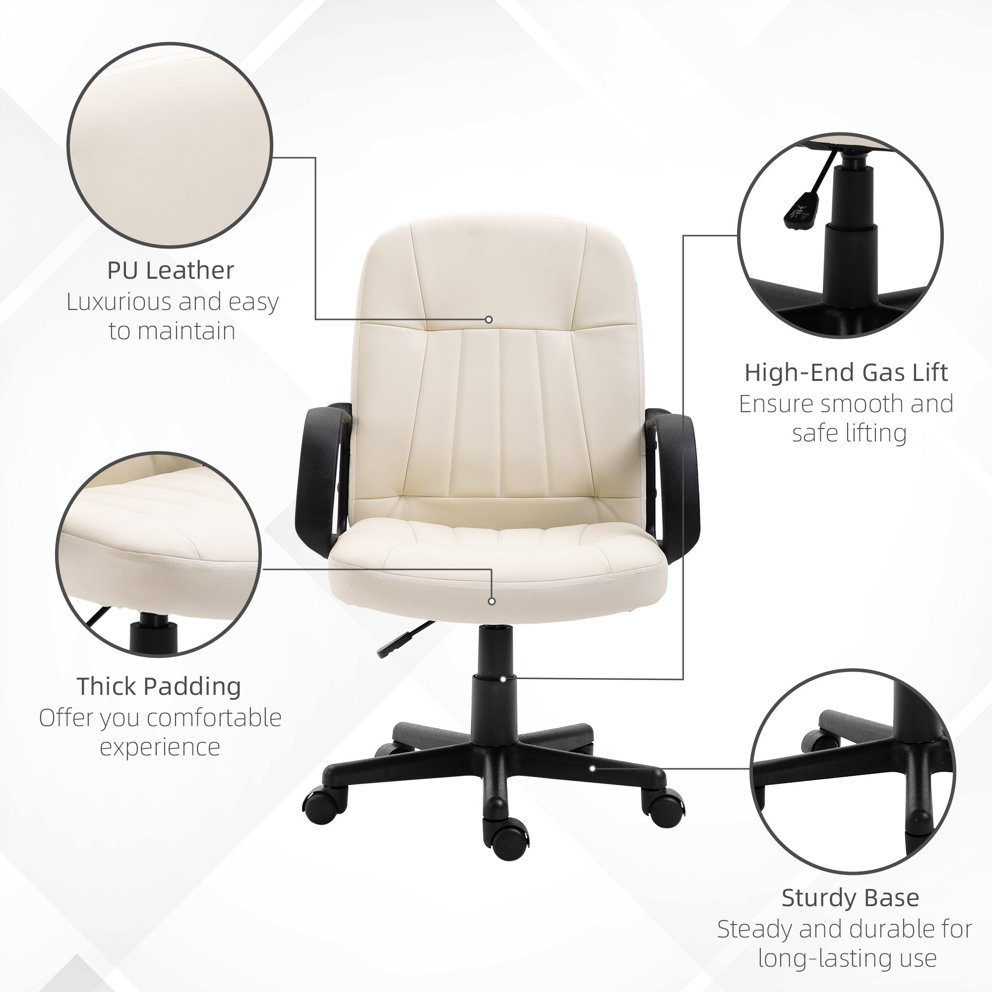 HOMCOM Swivel Executive Office Chair Home Mid Back PU Leather Computer Desk Chair for Adults with Arm, Wheels, Cream 