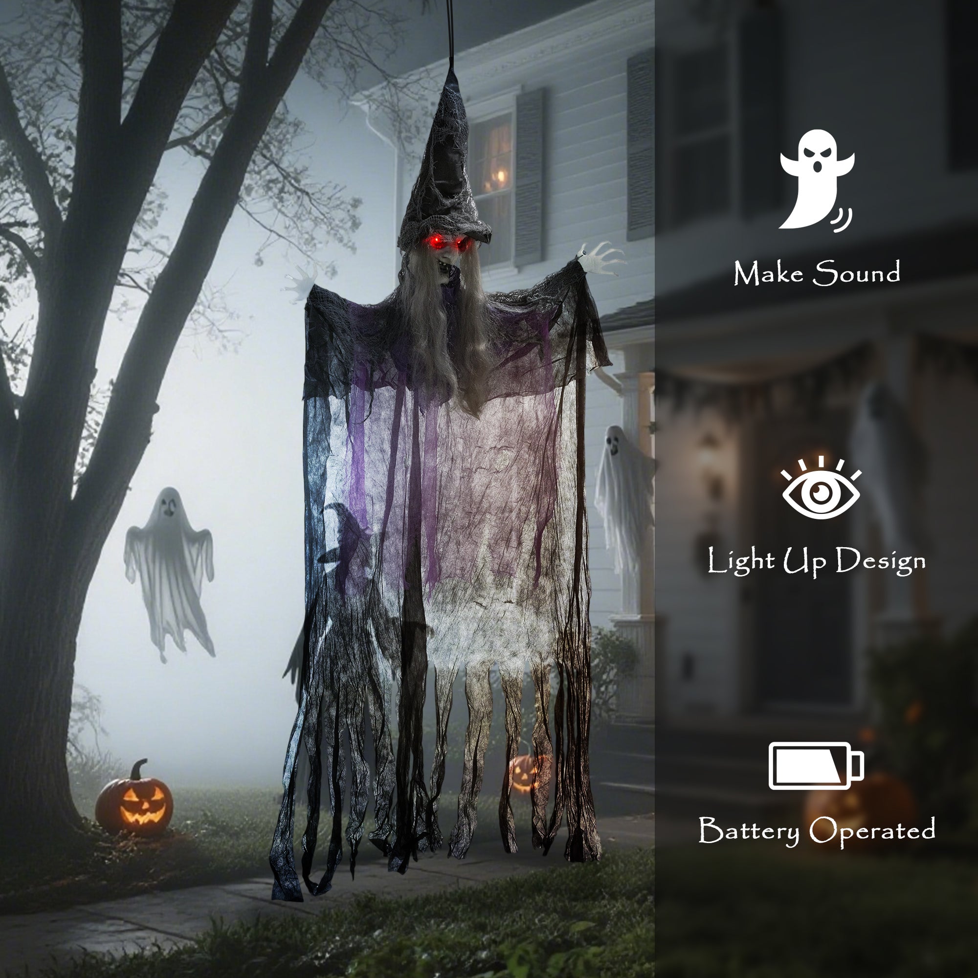 Outsunny 183 cm Life Size Halloween Animated Hanging Witch with Glowing LED Eyes, Spooky Witch Scary Halloween Decorations, Battery Operated, Indoor Party Props