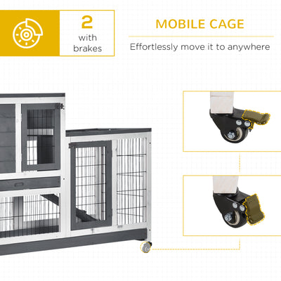 PawHut Wooden Indoor Rabbit Hutch Guinea Pig House Bunny Small Animal Cage W/ Wheels Enclosed Run 110 x 50 x 88 cm, Grey 