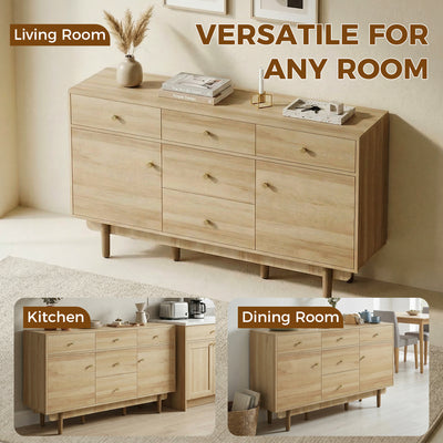 HOMCOM Sideboard with 5 Drawers and 2 Cabinets Buffet Cabinet with Solid Wood Legs 136 cm Walnut 