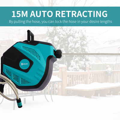 DURHAND 15m Garden Auto Hose Reel Wall Mounted Retractable 7 Patterns Spray Nozzle 