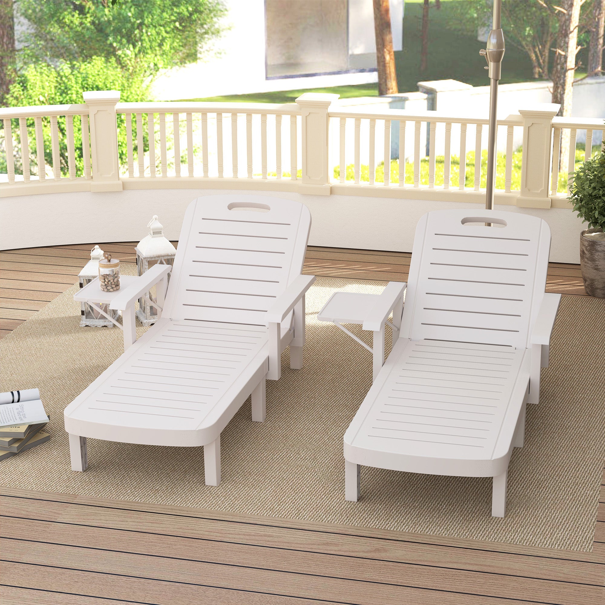 Outsunny Set of 2 Resin Reclining Sun Loungers for Garden, 5 Positions Adjustable Outdoor Chaise Lounge Chairs with Wood Texture Surface, Armrests, Foldable Side Table for Garden, Beach, White 