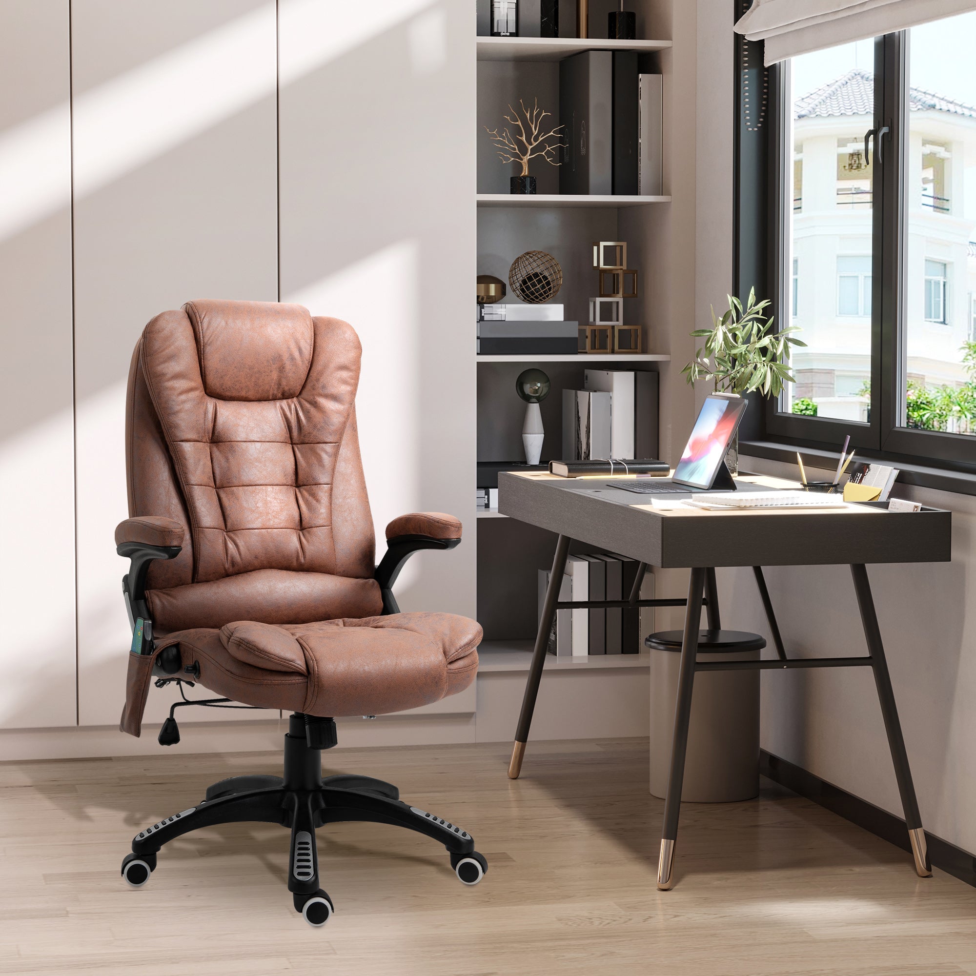 Vinsetto Massage Recliner Chair Heated Office Chair with Six Massage Points Microfiber Cloth 360\'c2\'b0 Swivel Wheels Brown