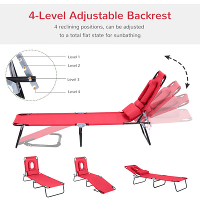 Outsunny Foldable Outdoor Sun Lounger Adjustable Backrest Reclining Chair with Pillow and Reading Hole Garden Beach, Red 