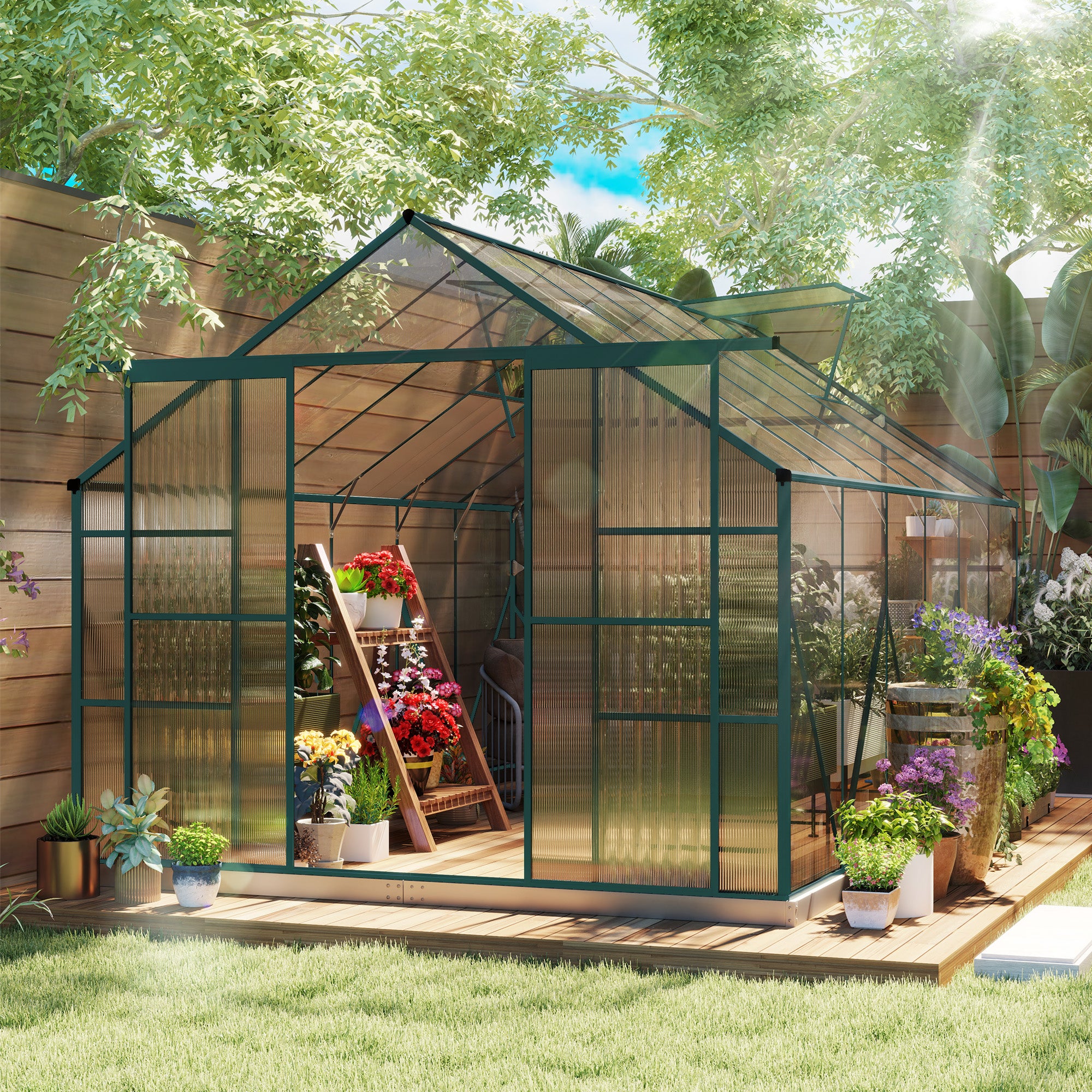 Outsunny 8 x 12ft Aluminium Greenhouse Polycarbonate Walk-in Garden Greenhouse Kit with Adjustable Roof Vent, Double Sliding Door, Rain Gutter and Foundation, Clear 