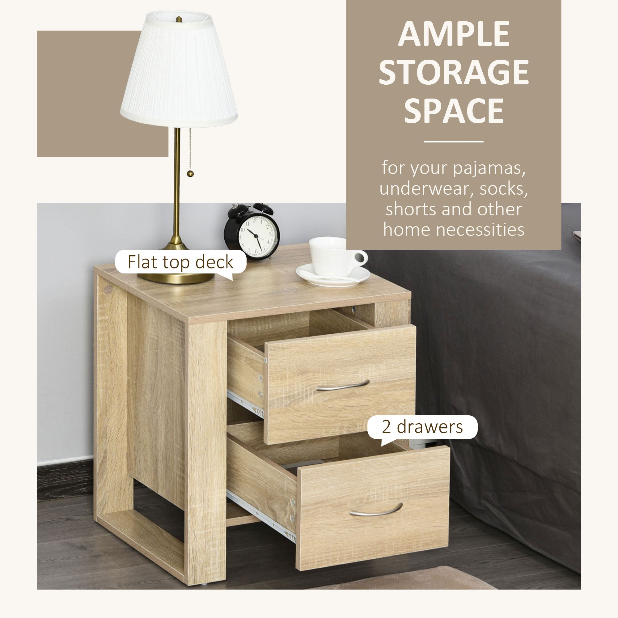 HOMCOM Bedside Table with 2 Drawers, Nightstand with Handles and Elevated Base, Side Table for Bedroom, Living Room, Brown 