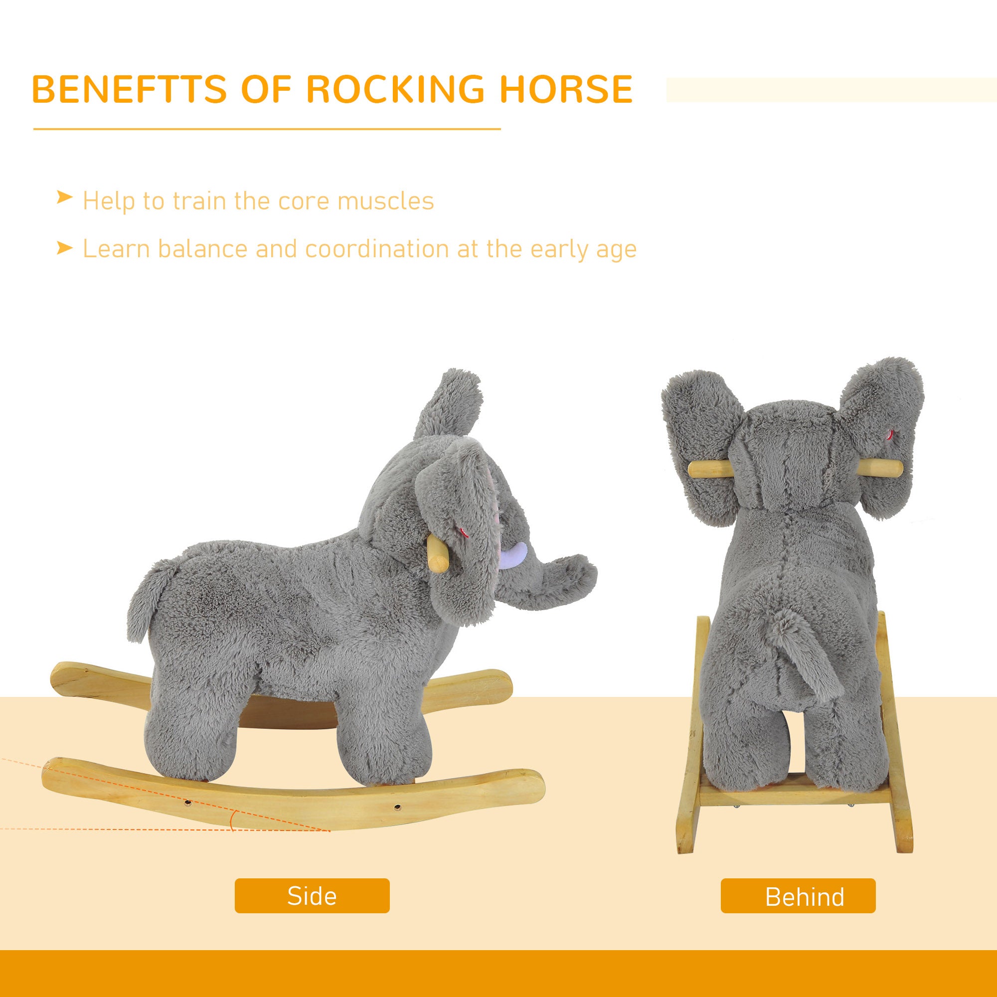 HOMCOM Kids Children Rocking Horse Plush Ride on Animal Wooden Riding Traditional Rocker Gift w/32 nursery rhymes (Grey Elephant) 