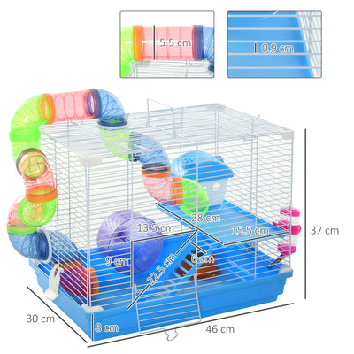Pawhut 2 Tier Hamster Cage, Gerbil Cage with Handle, Exercise Wheels, Tunnel, Tube, Water Bottle, Dishes, Ladder, for Dwarf, Blue 