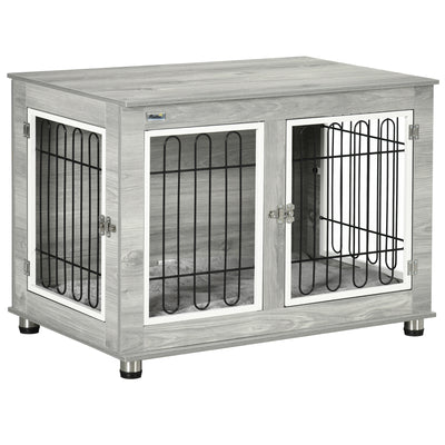 PawHut Dog Crate Furniture, Side End Table, Indoor Dog Kennel with Soft Washable Cushion, Wire Mesh, Large Top, for Medium and Large Dogs,90 x 58 x 65, Grey 