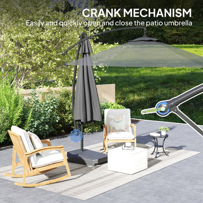Outsunny 3(m) Garden Cantilever Parasol with Fillable Base, Wind Protection Strap, Cover, Round Banana Hanging Umbrella with Crank Handle and Tilt, Patio Umbrella for Outdoor Sun Shade, UPF50+, Grey 