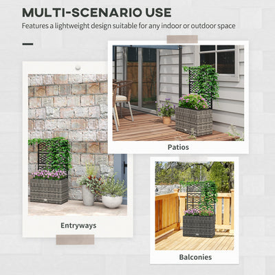Outsunny 22L Garden PE Rattan Planter with Trellis, Free Standing Flower Raised Bed with Two Plant Boxes for Garden, Garden Planter for Climbing Plants, 57cm x 30cm x 107cm, Mixed Grey 