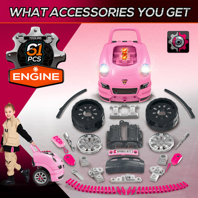 HOMCOM Kids Truck Engine Toy Set, with Horn, Light, Car Key, for Ages 3-5 Years - Pink 