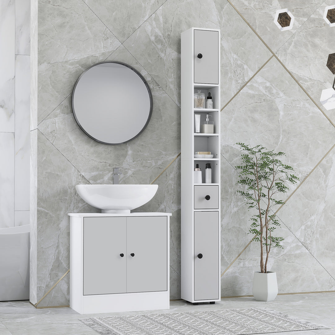 kleankin 180cm Slim Bathroom Cabinet, with Drawer, Shelves and Cupboards - Light Grey 