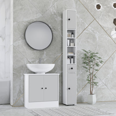 kleankin 180cm Slim Bathroom Cabinet, with Drawer, Shelves and Cupboards - Light Grey 