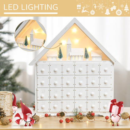 HOMCOM 24-Drawer Christmas Advent Calendar, Wooden Light-Up Traditional Decoration, Adults Kids Countdown Holiday House w/ Lights Handle White 