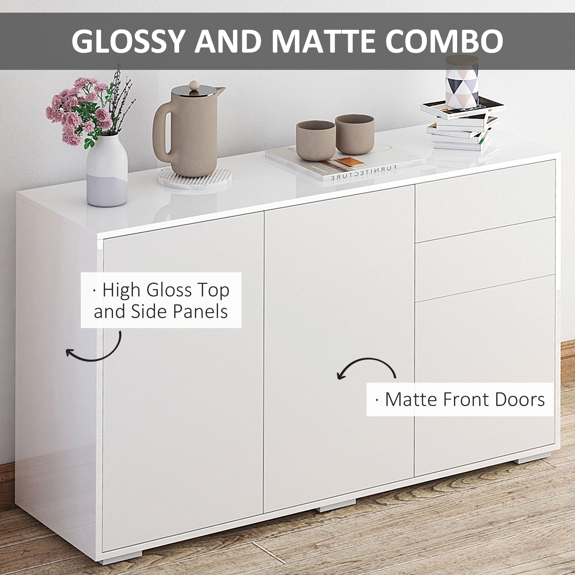 HOMCOM High Gloss Side Cabinet, Push-Open Design with 2 Drawers and 2 Cabinets for Living Room, 74H x 117W x 36Dcm, White 