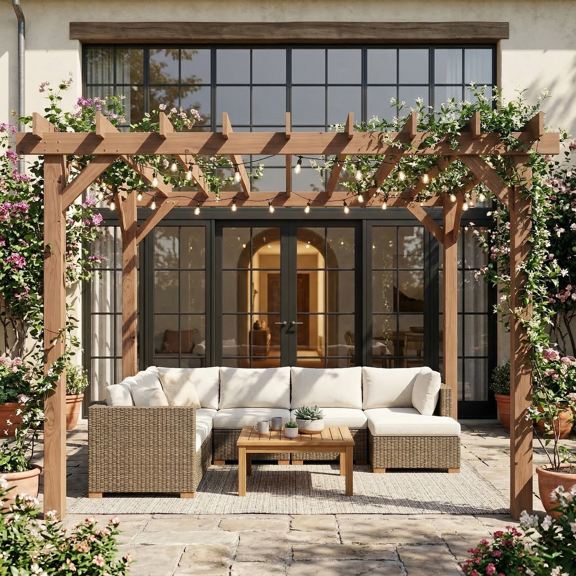 Outsunny 3.6 x 3 m Wooden Pergola Kit, Garden Pergola Gazebo Grape Trellis with Triangle Supports, Maple Wood-effect 
