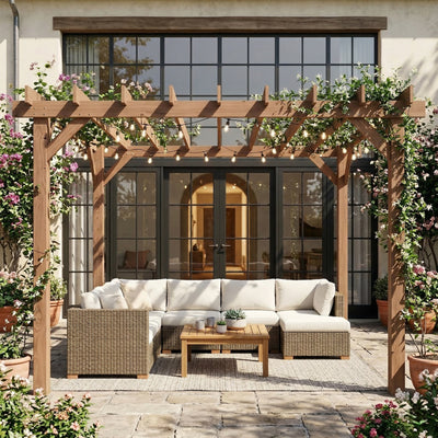 Outsunny 3.6 x 3 m Wooden Pergola Kit, Garden Pergola Gazebo Grape Trellis with Triangle Supports, Maple Wood-effect 