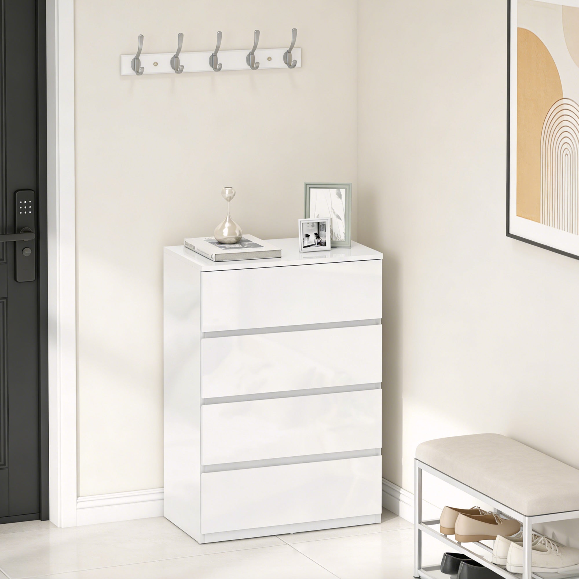 HOMCOM High Gloss Chest of Drawers, 4-Drawer Storage Cabinets, Modern Dresser for Bedroom, White 