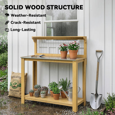 Outsunny Wooden Potting Bench Table with Aluminium Worktop, Outdoor Garden Workbench with 2 Shelves 