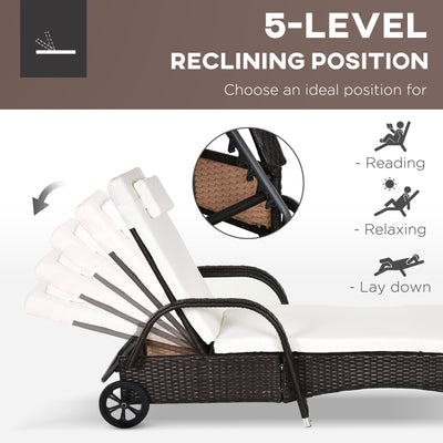 Outsunny 3 Pieces PE Rattan Patio Lounge Chair Set, Outdoor Recliner Lounge Chairs with Wheels, for Outside with Cushions, Headrest, Coffee Table for Garden, Poolside, Brown 
