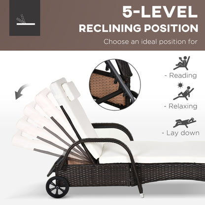 Outsunny 3 Pieces PE Rattan Patio Lounge Chair Set, Outdoor Recliner Lounge Chairs with Wheels, for Outside with Cushions, Headrest, Coffee Table for Garden, Poolside, Brown 