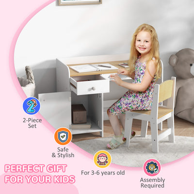 ZONEKIZ Kids Desk and Chair Set for 3-6 Years with Storage Drawer, Study Table and Chair for Children - White 