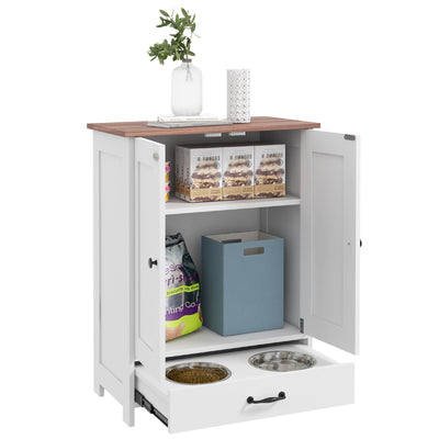 PawHut Pet Feeding Station with Raised Dog Bowls, Adjustable Panel, Hooks, Dog Food Storage Cabinet, White 