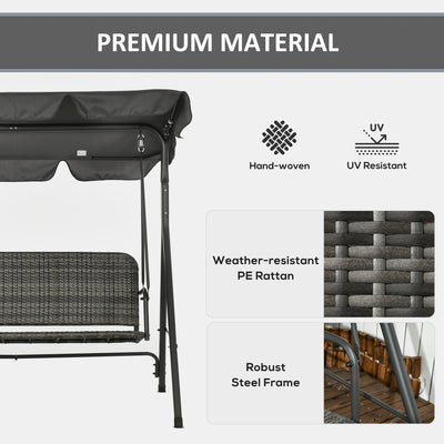 Outsunny 3-Seater Outdoor PE Rattan Swing Chair, Patio Wicker Hanging Swing Bench with Steel Frame Stand & Adjustable Canopy, Grey 