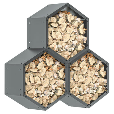 Outsunny Three-Shelf Hexagon Metal Firewood Rack - Grey 