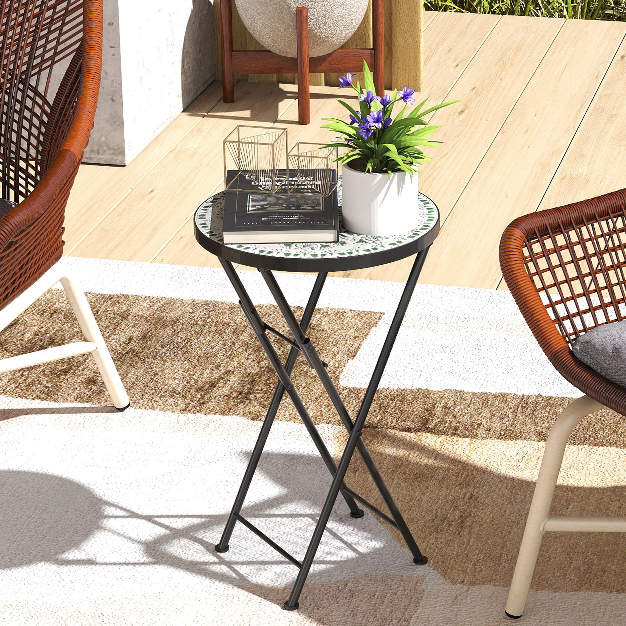 Outsunny Mosaic Outdoor Garden Table, 35.5cm Round Folding Coffee Table with Metal Frame for Balcony Terrace, Green 