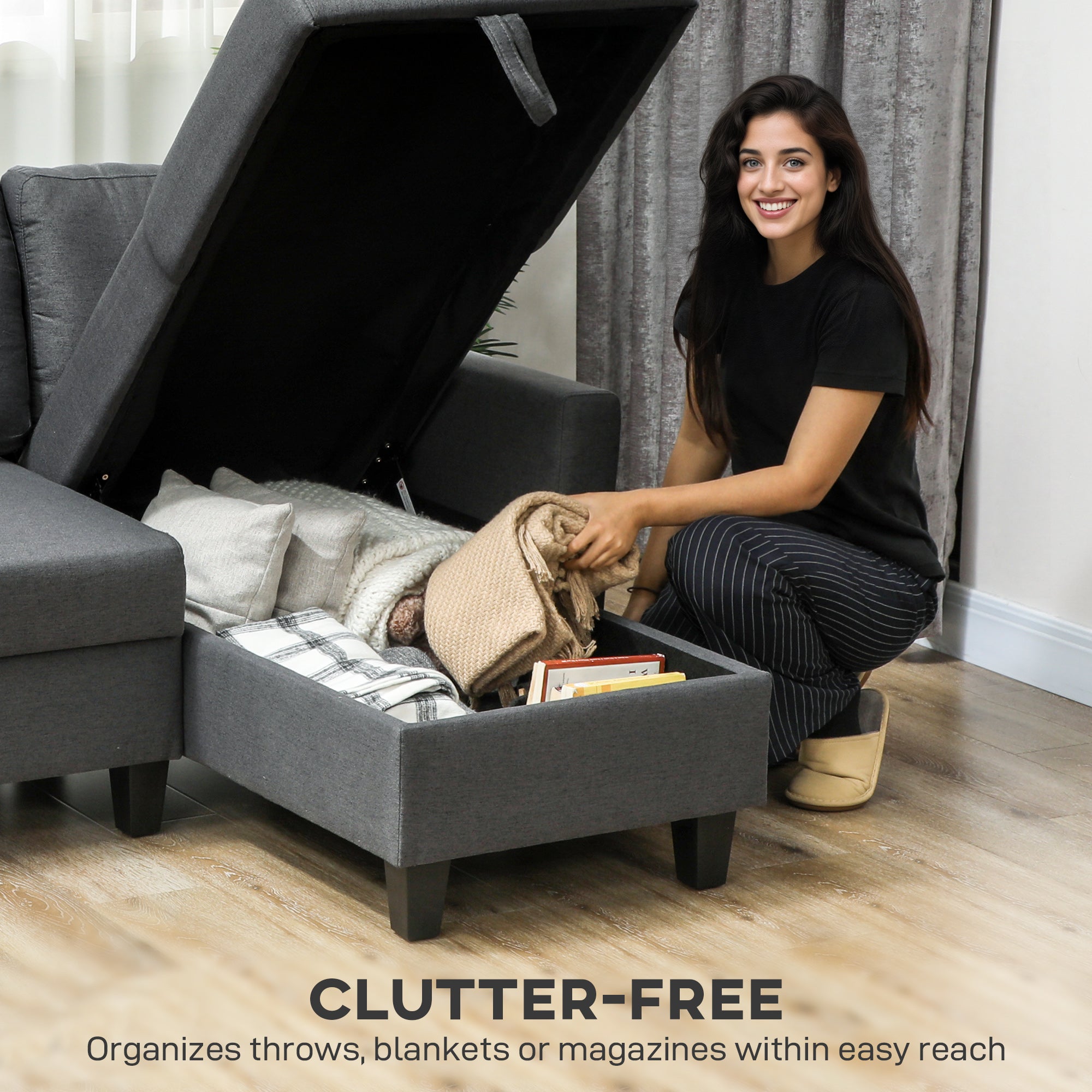 HOMCOM Three-Seater Storage Sofa Bed -  Charcoal Grey 