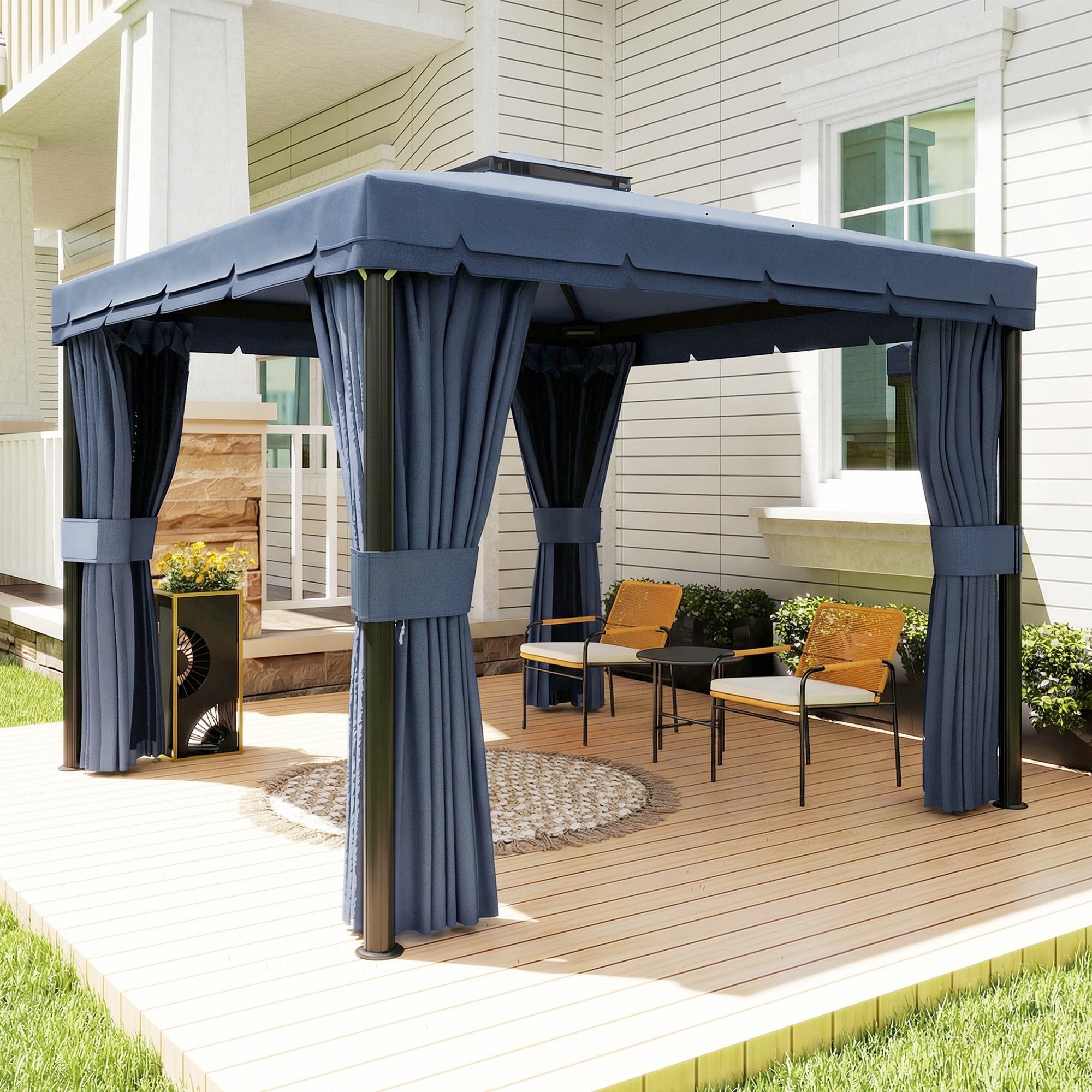 Outsunny 3 x 3(m) Patio Gazebo Canopy Garden Pavilion Tent Shelter Marquee with 2 Tier Roof, Netting and Curtains, Dark Blue 