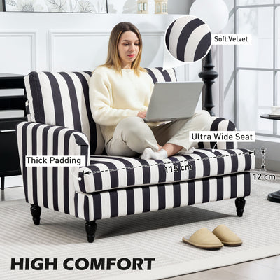 HOMCOM Modern Cuddle Chair, Velvet Single Sofa Armchair with Stripe, Turned Legs and Wide Seat, Upholstered Snuggle Chair for Living Room, Bedroom, Black and White 