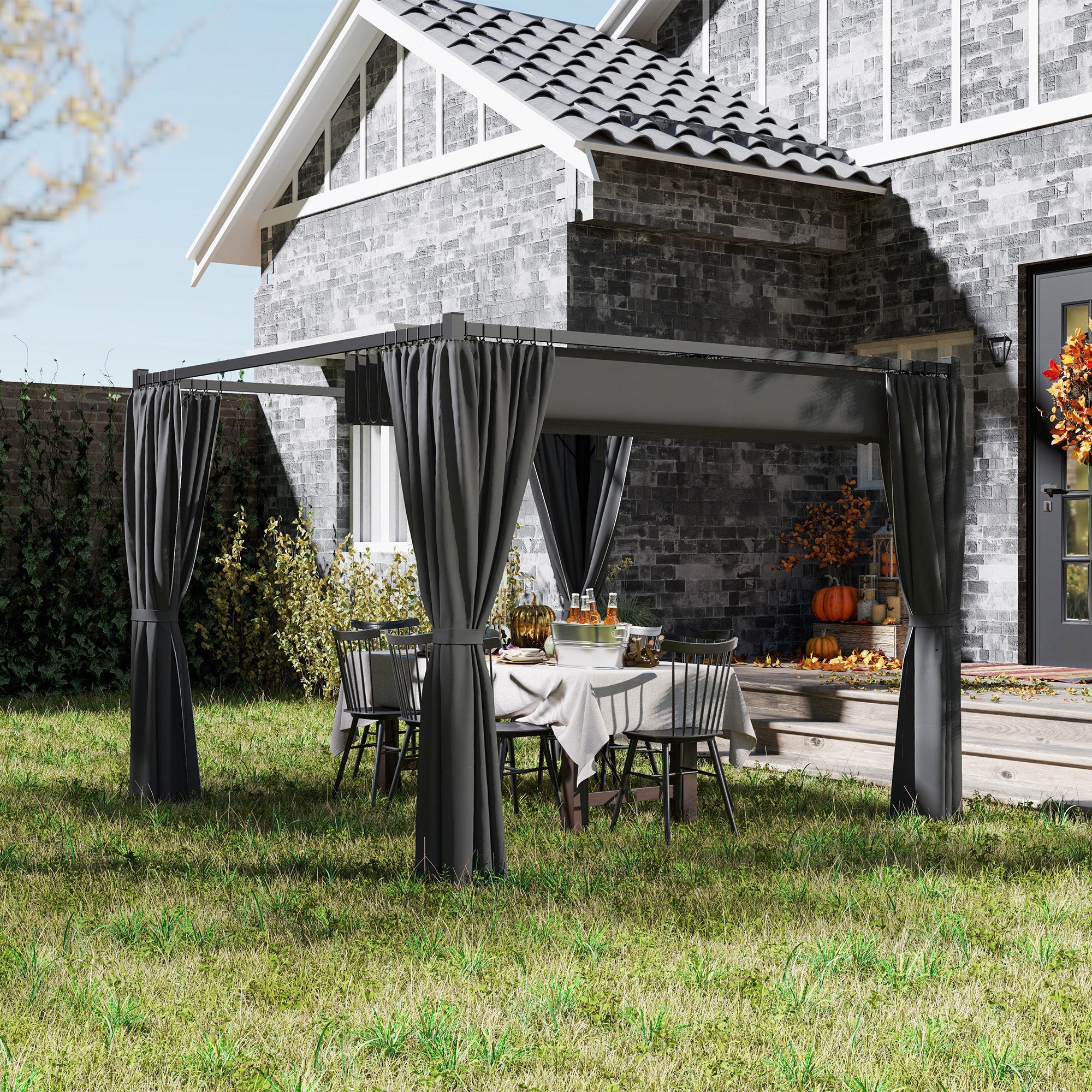 Outsunny 3 x 3(m) Retractable Pergola, Garden Gazebo Shelter with Curtains, for Grill, Patio, Deck, Charcoal Grey 